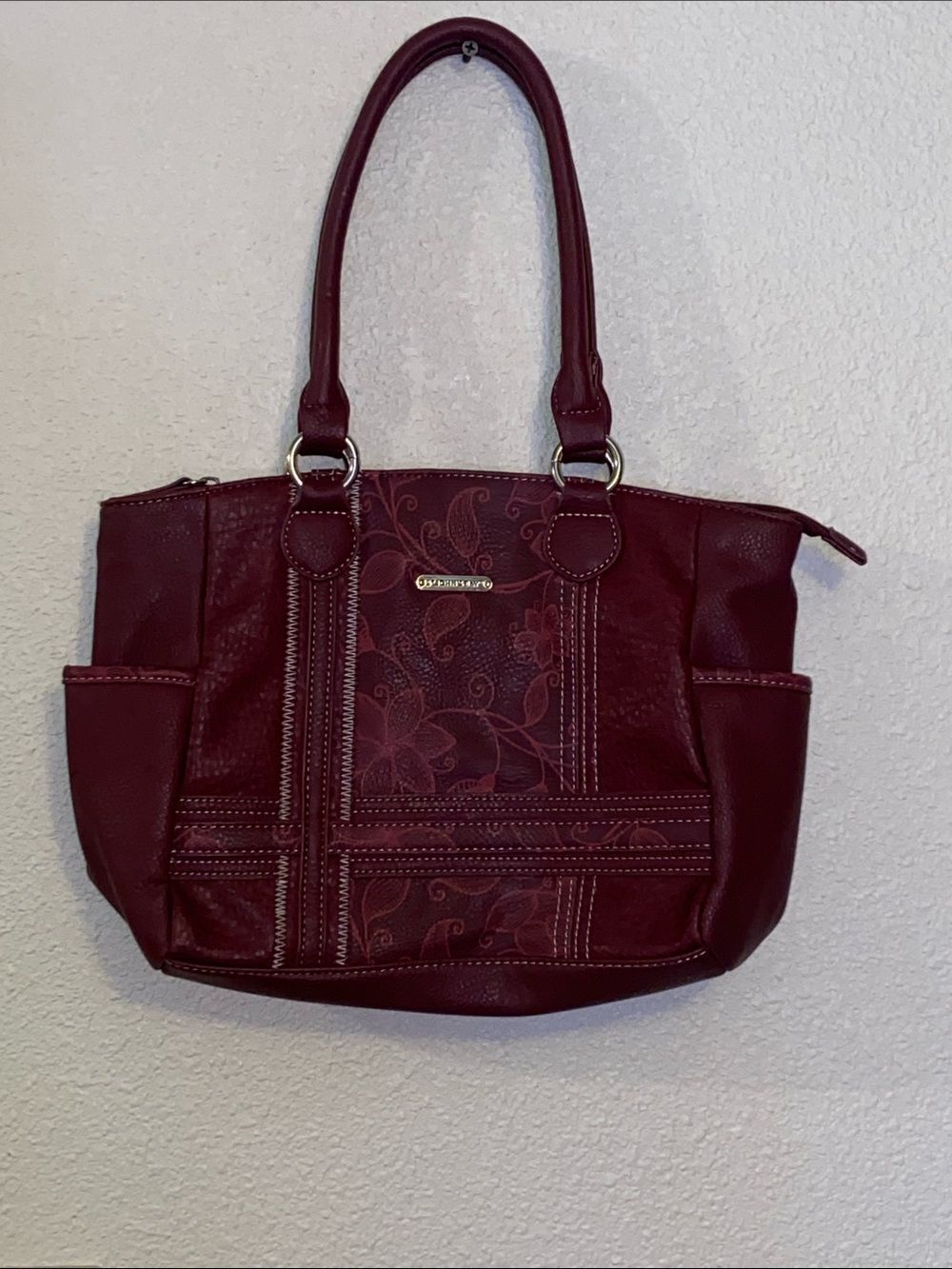 St.John’s Bay Structured Floral-Embossed Shoulder Bag in Burgundy